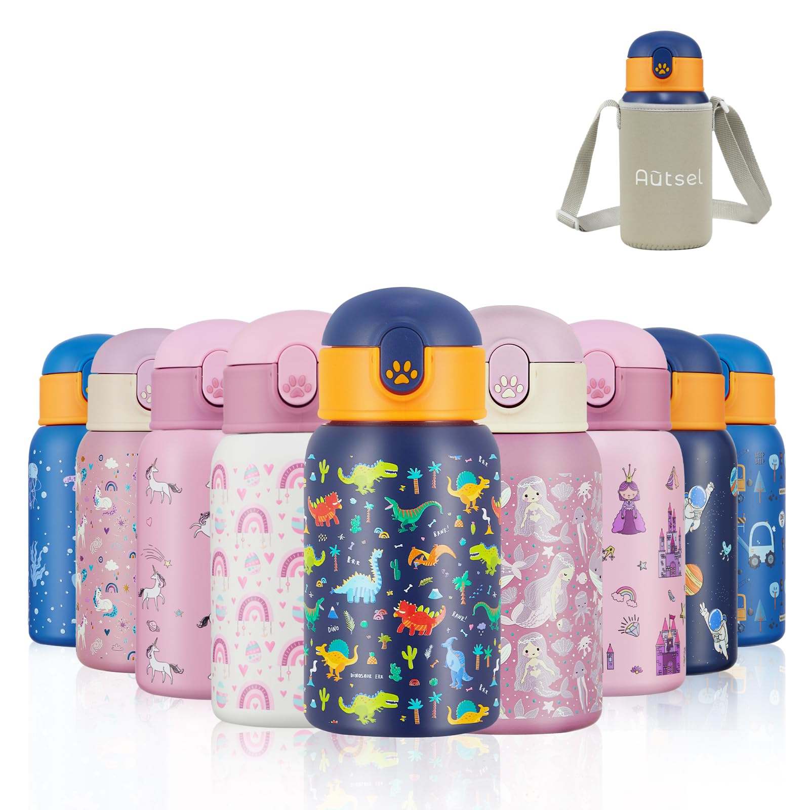 Autsel Kids Water Bottles with Straw 400ml, Childrens Insulated Water Bottle Stainless Steel BPA-Free, Kids Metal Water Bottle for Girls/Boys, Keep Hot/Cold
