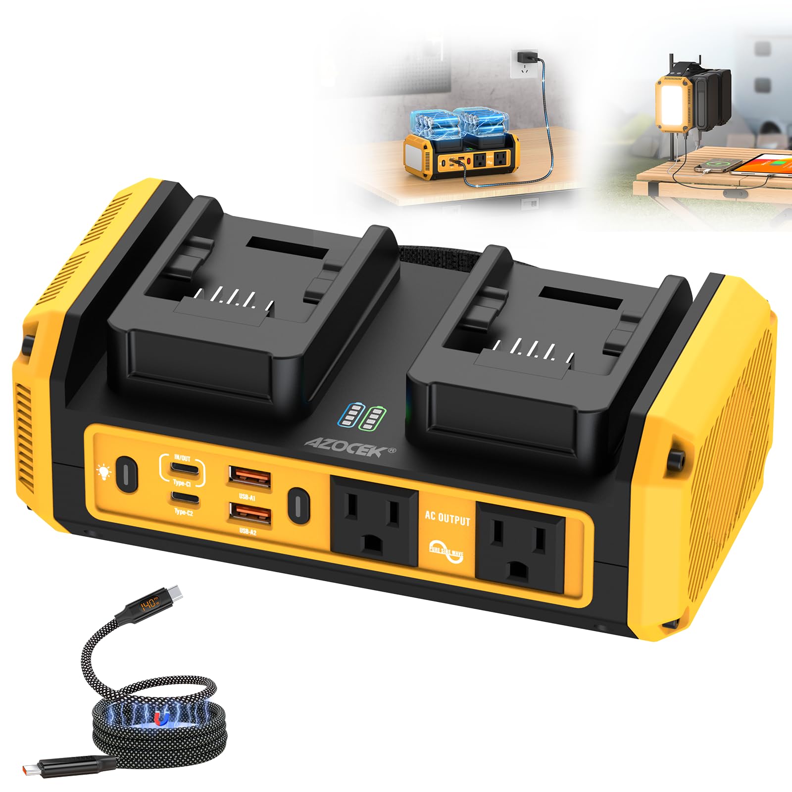 Photo 1 of Azocek 350W Power Inverter Pure Sine Wave Compatible with Dewalt 20V Battery (No Battery), 7A Fast Charger, Portable Power Station with 2 AC Outlets, 2 Type-C (140W/65W), 2 QC USB Ports, 600LM LED