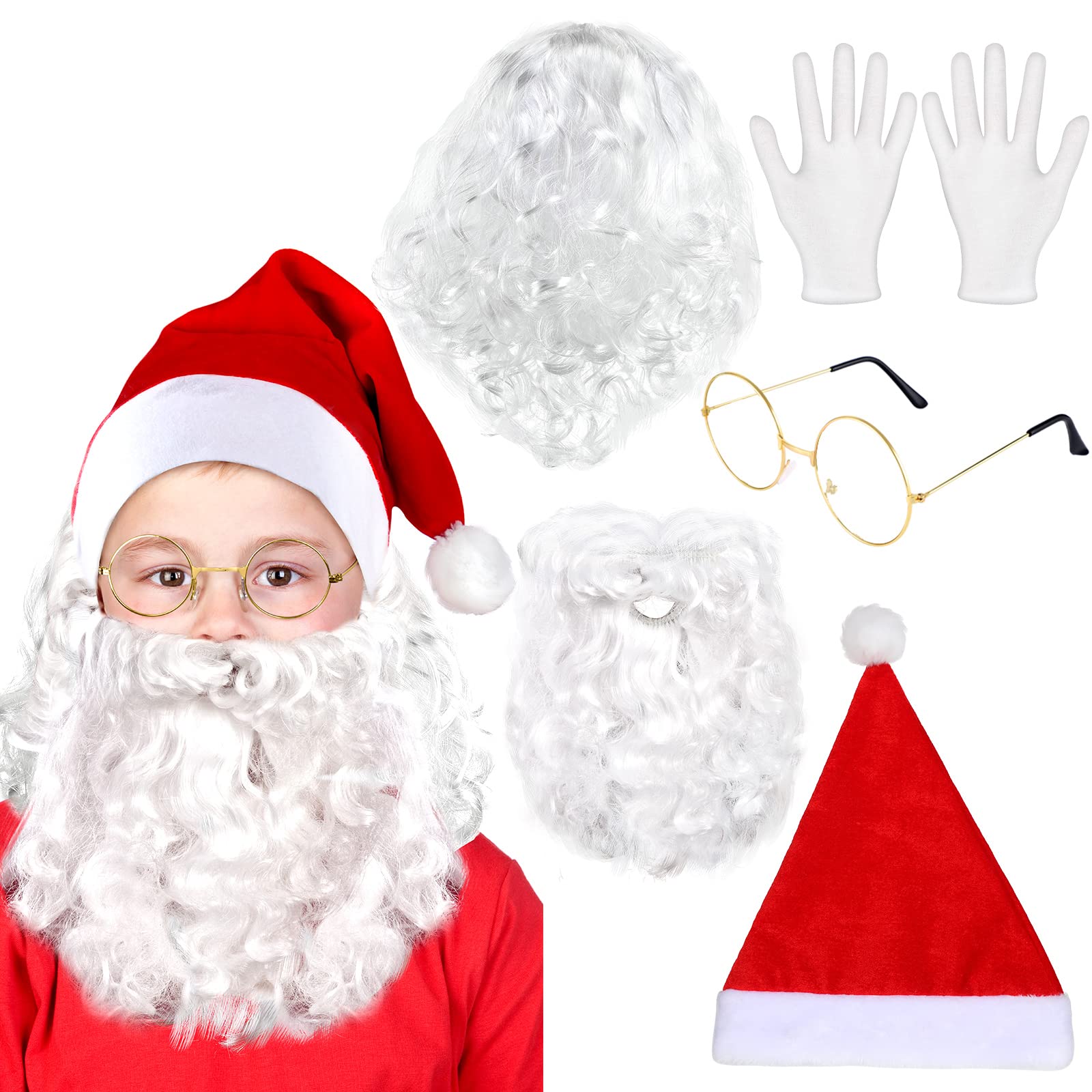 Photo 1 of Eurzom 5 Pcs Christmas Santa Costume Set White Santa Claus Wig and Beard Christmas Hat Glasses and Gloves for Christmas Cosplay Party Photo Prop