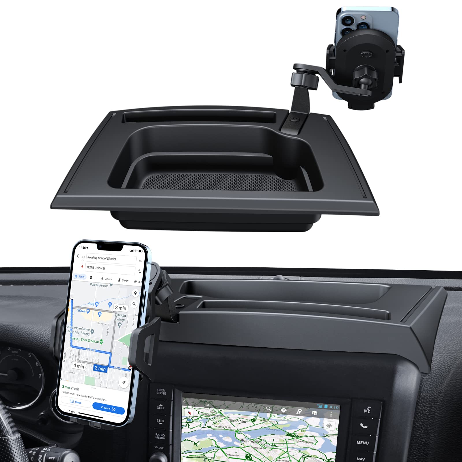 CheroCar Phone Holder & Storage Tray For 2007-2011 Jeep Wrangler JK JKU (Dash Mount)