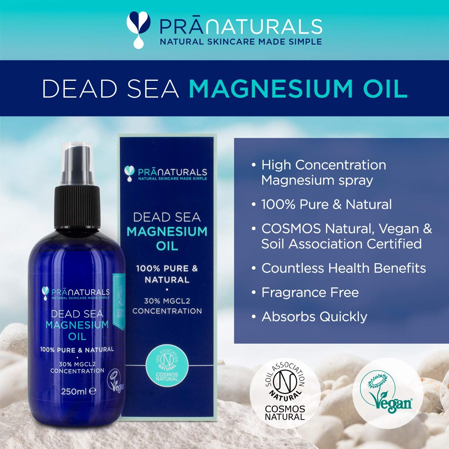 PraNaturals Pure Dead Sea Magnesium Oil Spray 250ml, Vegan and Cruelty Free, 250 ml (Pack of 1) - Image 3