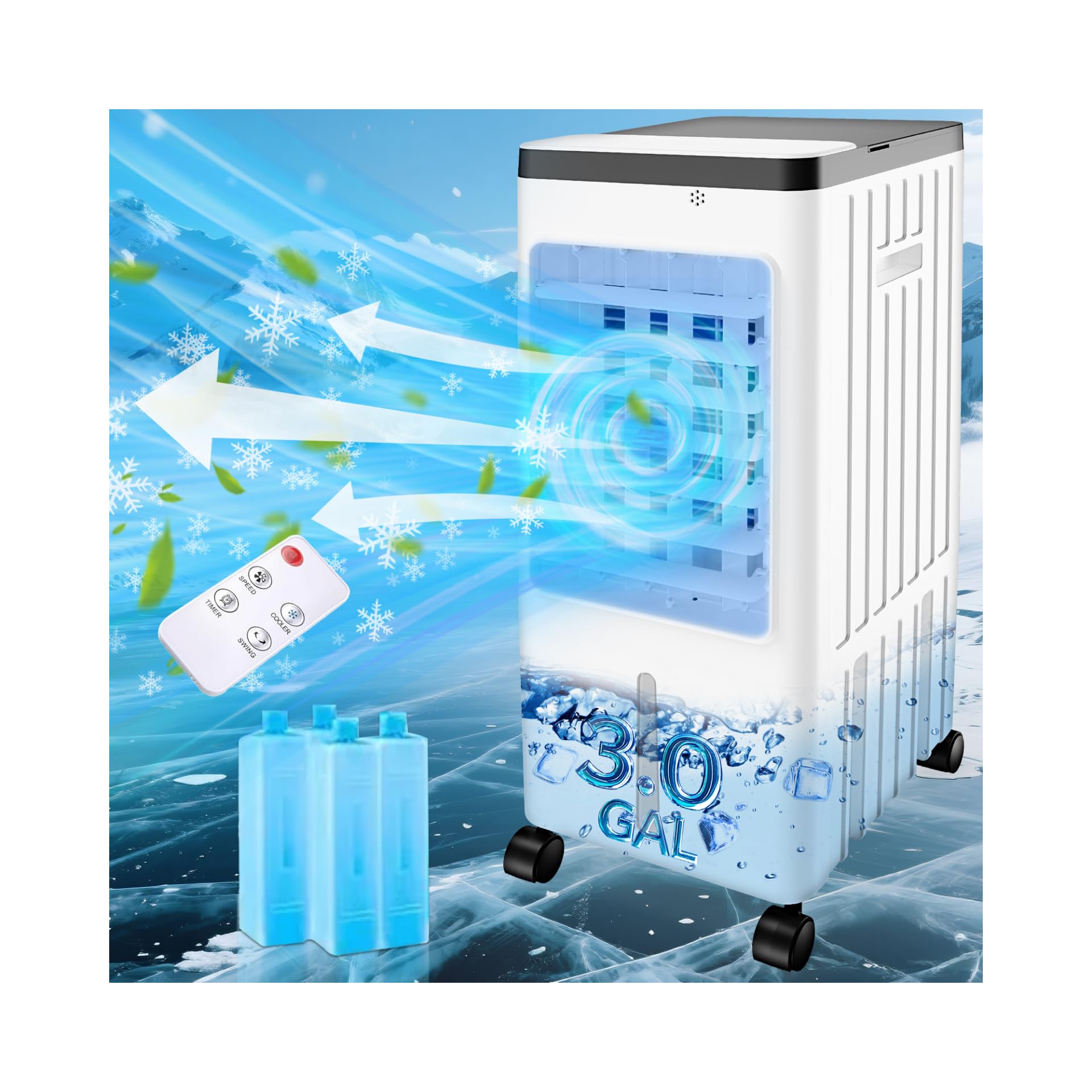 Photo 1 of Swamp Cooler, Evaporative Air Cooler with 3 Gal Water Tank, Swamp Cooler Air Conditioner with 4 Ice Packs, 3 Speeds, 120° Oscillation, Portable Air Conditioners Alternative for Room Home Office Pets