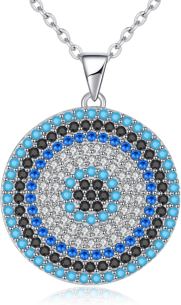Round Blue Evil Eye Pendant Necklace Sterling Silver 925 Cubic Zirconia Turquoise 16"-17"-18" Cable Chain