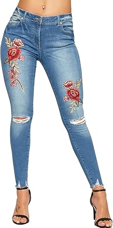 Wearall Women S Distressed Denim Light Blue Jeans Ladies Red Rose Floral Skinny Button Zip New Light Blue 14 Amazon Co Uk Clothing