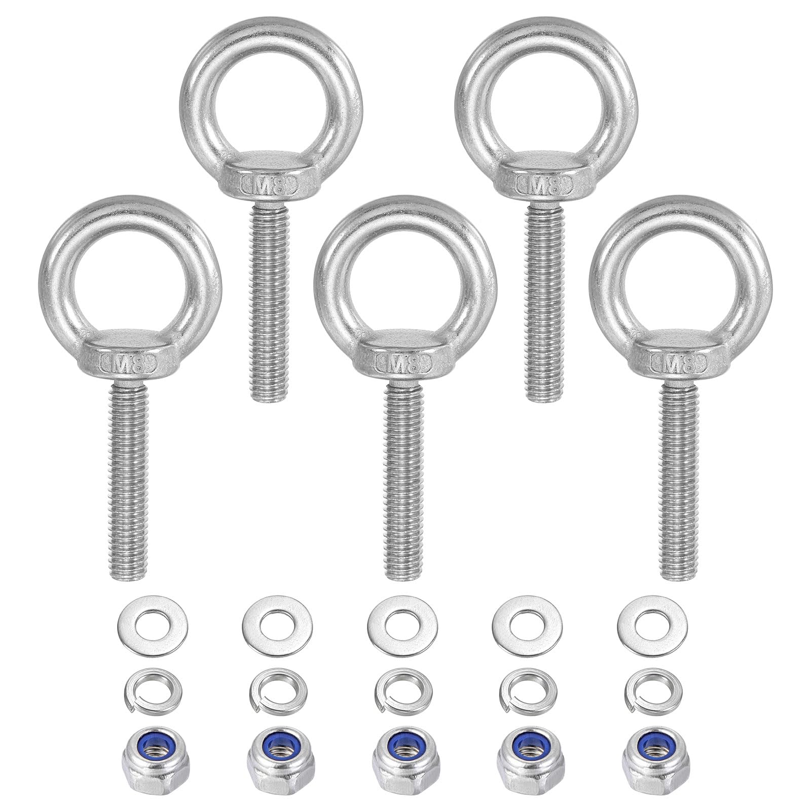 PATIKIL M8 x 40mm Lifting Shoulder Eye Bolt, 5Pcs 304 Stainless Steel Lifting Ring Threaded Eyebolt with Nuts Washers for Hanging Hammocks Articles