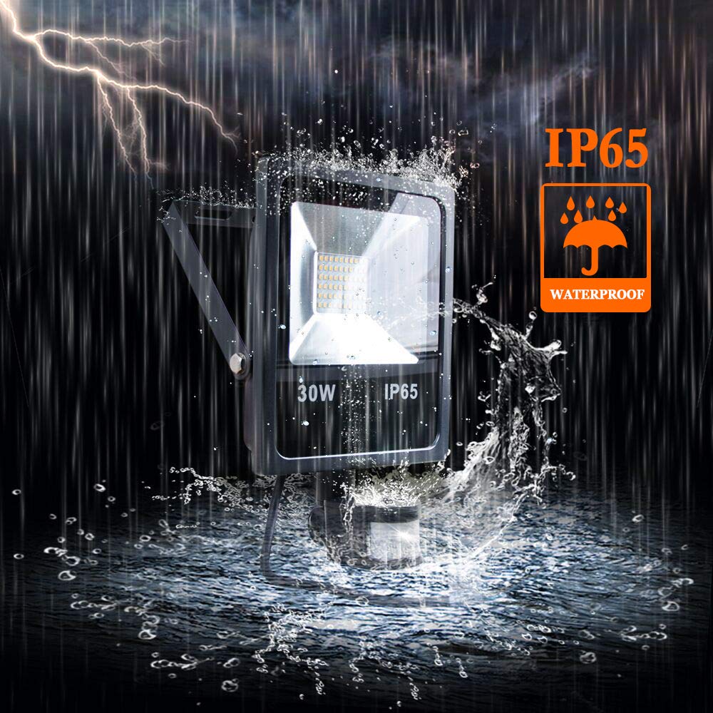 LED Motion Sensor Floodlight, PIR Security Light, 30W, 2400LM High Brightness and 3000K Warm White, IP65 Waterproof LED Lights for Yard, Garden, Garage, Playground, Party (black)