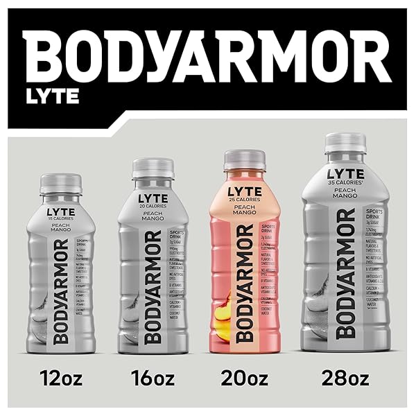 BODYARMOR LYTE, PEACH MANGO, ELECTROLYTE DRINK, 25 CALORIES, 20 FL OZ BOTTLES (6 PACK), COCONUT WATER SPORTS DRINK, NATURAL FLAVOR & B VITAMINS