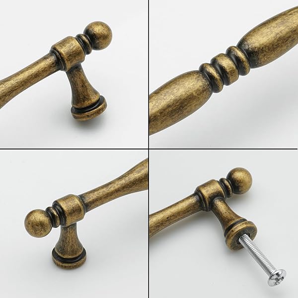 FURFITT 10 PACK ANTIQUE BRASS CABINET HANDLES 3.75 INCH/96MM HOLE CENTER ZINC ALLOY VINTAGE DRAWER DRESSER PULLS RETRO KITCHEN CUPBOARD BATHROOM FURNITURE HARDWARE