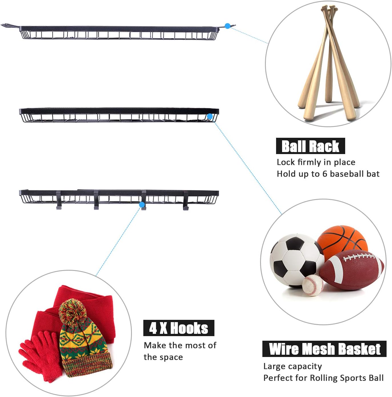 Mythinglogic Sports Equipment Storage Rack,Wall Mount Ball Rack Garage Organizer, 3 Separate Ball Storage Rack for Basketball, with Hooks: Sports & Outdoors