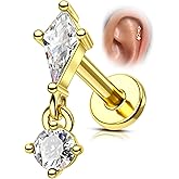 Agrewd G23 Solid Titanium Cartilage Earring Stud,16G Gold Plated Threadless Push in Helix Tragus Earrings for Women Dangle Helix Tragus Piercing Jewelry 6/8MM