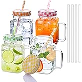 Elitrivox Mason Jar Cups, 17oz Mason Jar with Handle, Mason jar Drinking Glasses with Lids and Straws, Glass Bottle Mugs for Smoothies Juice Cold Drinks Beverages, Set of 4