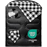 MEREZA Flannel Double Sleeping Bag for Adults Cold Weather, XL Queen Size Sleeping Bag for All Season 2 Person Big and Tall Sleeping Bags for Camping 0 Degree with Pillow