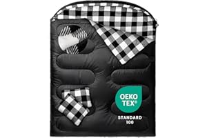 MEREZA Flannel Double Sleeping Bag for Adults Cold Weather, XL Queen Size Sleeping Bag for All Season 2 Person Big and Tall Sleeping Bags for Camping 0 Degree with Pillow