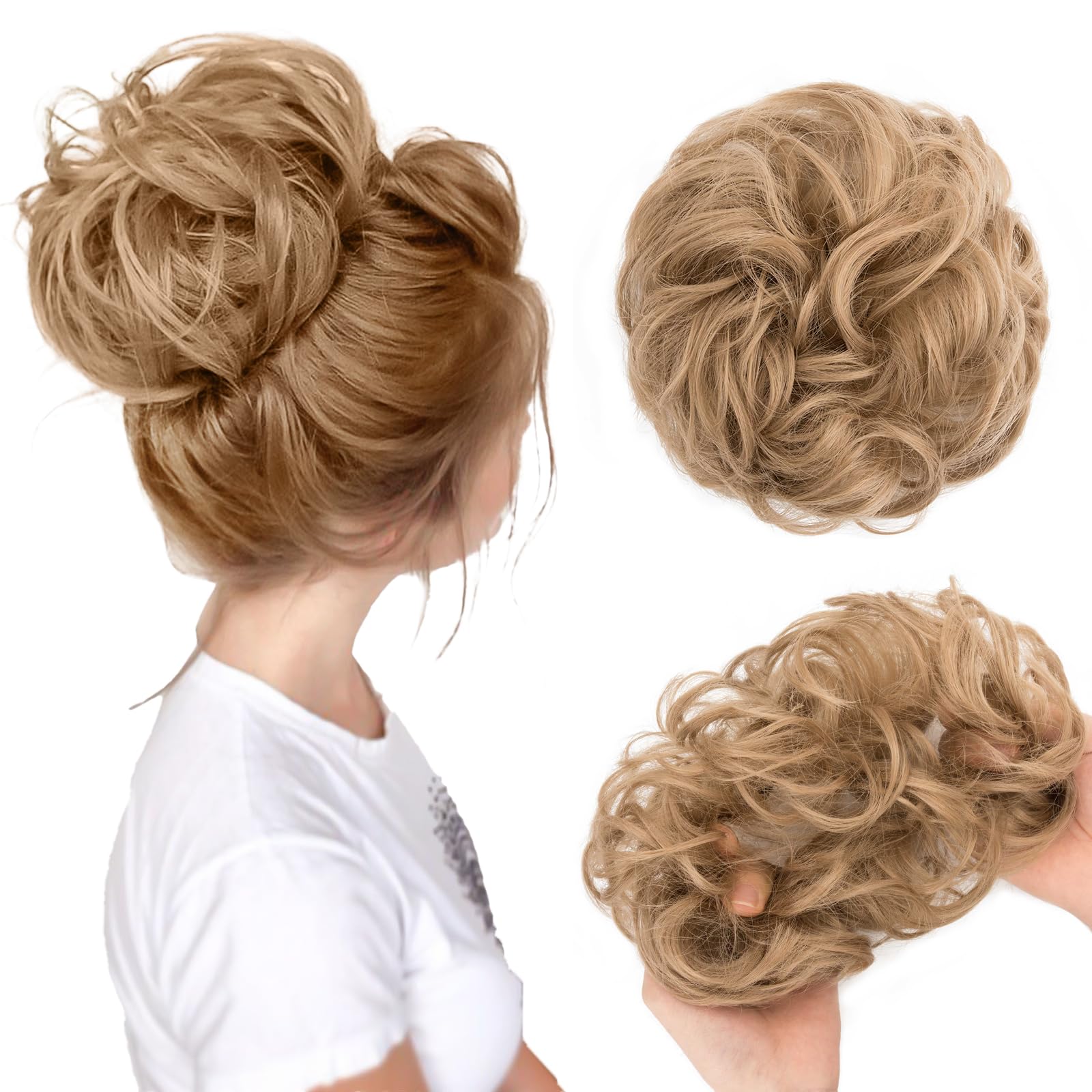 Messy Hair Bun Hair-Scrunchies Extension Curly Wavy Thick Synthetic Chignon for women Updo Hairpiece Ponytail HairAccessories 25g,Dark Blonde