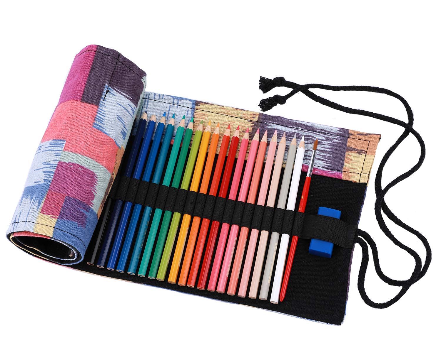 Amoyie Roll Up Pencil Case for 72 Coloured Pencils, Foldable Colouring Pens Organiser Bag, Artist Wrap, Portable Canvas Holder, Colorful Tartan