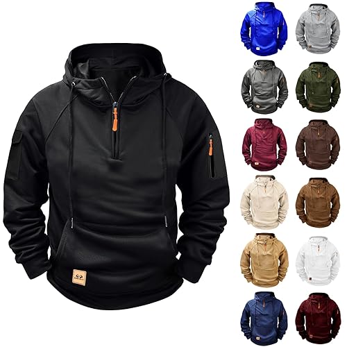 Gezqieunk Work Hoodies for Men Hoodies for Men Uk 1/4 Zip Long Sleeve Sweatshirts Combat Tactical Hoodie Fleece Lined Pullover Loose Comfy Sweaters Outdoor Sportwear Jumpers Black S