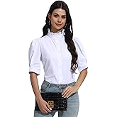 SUNNOW Women's Summer Top Ruffle Stand Collar Button Down Shirt Tailored Puff Sleeves Blouse Basic Simple Shirts