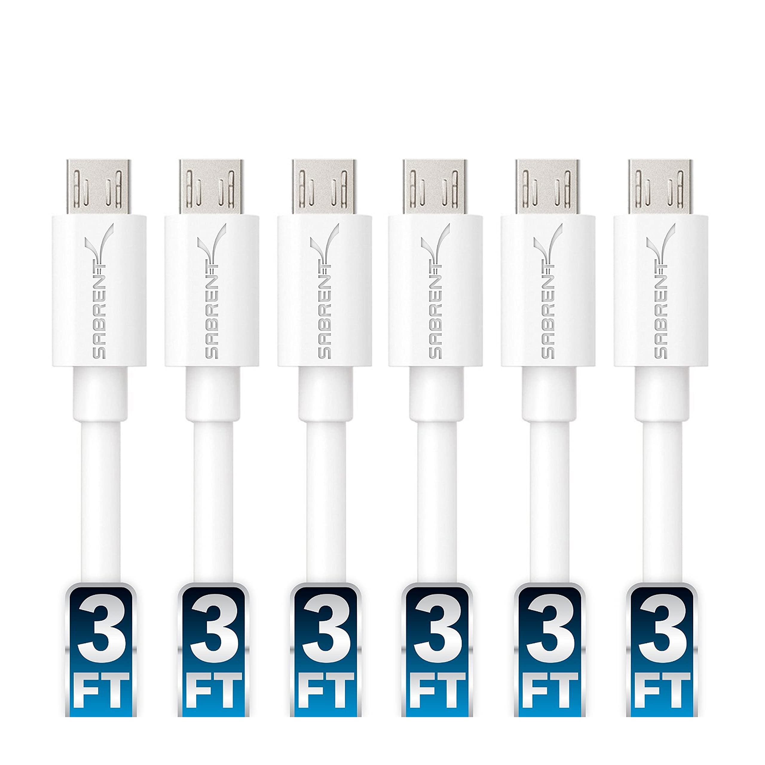 SABRENT [6-Pack 22AWG Premium 3ft Micro USB Cables High Speed USB 2.0 A Male to Micro B Sync and Charge Cables [White] (CB-M63W)
