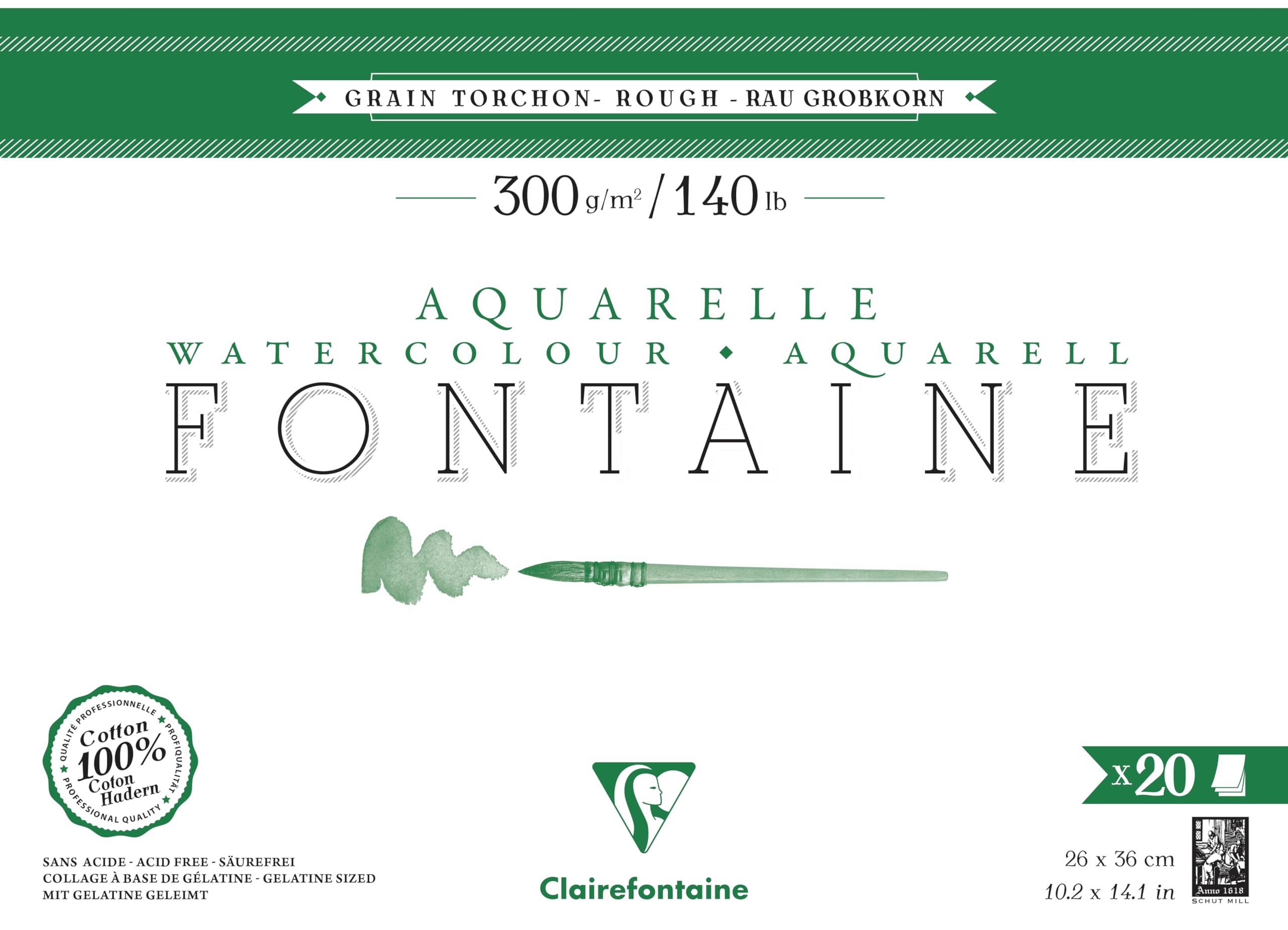 Clairefontaine 975507C - One Fontaine 4-sided glued pad - 20 sheets of 100% cotton white watercolour paper, professional quality - Size: 26x36 cm, 300g