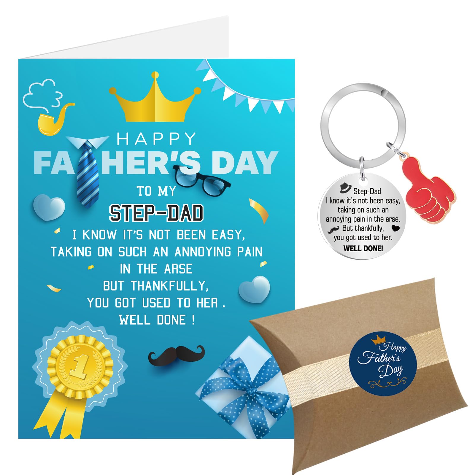 Step Dad Fathers Day Card, Fathers Day Step Dad Gifts, Funny Fathers Day Card for Stepdad Step Dad, Father's Day Step Dad Keyring Gifts with Gift Box from Step Son Step Daughter (Step Dad)