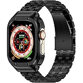 HASLFM Stainless Steel Band with Case Compatible with Apple Watch Ultra 3 2 1(49mm), Metal Protective Bumper Cover for iWatch Bands Men,Black