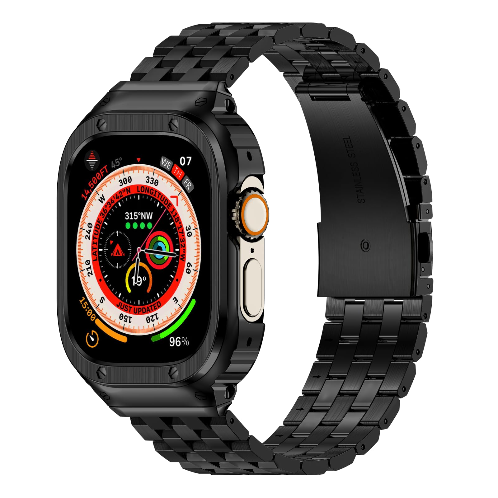 HASLFM Apple Watch Straps Compatible for Apple Watch Ultra 3/2/1 49mm,Rugged Metal Stainless Steel iWatch Band with Protective Case for Men，Black