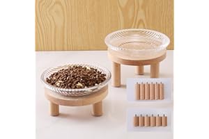 Raised Whisker Fatigue Cat Bowl. Glass Cat Bowls Elevated with Wooden Legs in 2 Heights. Protect The Spine and Prevent Vomiting. 2PCS. KGCCIZI