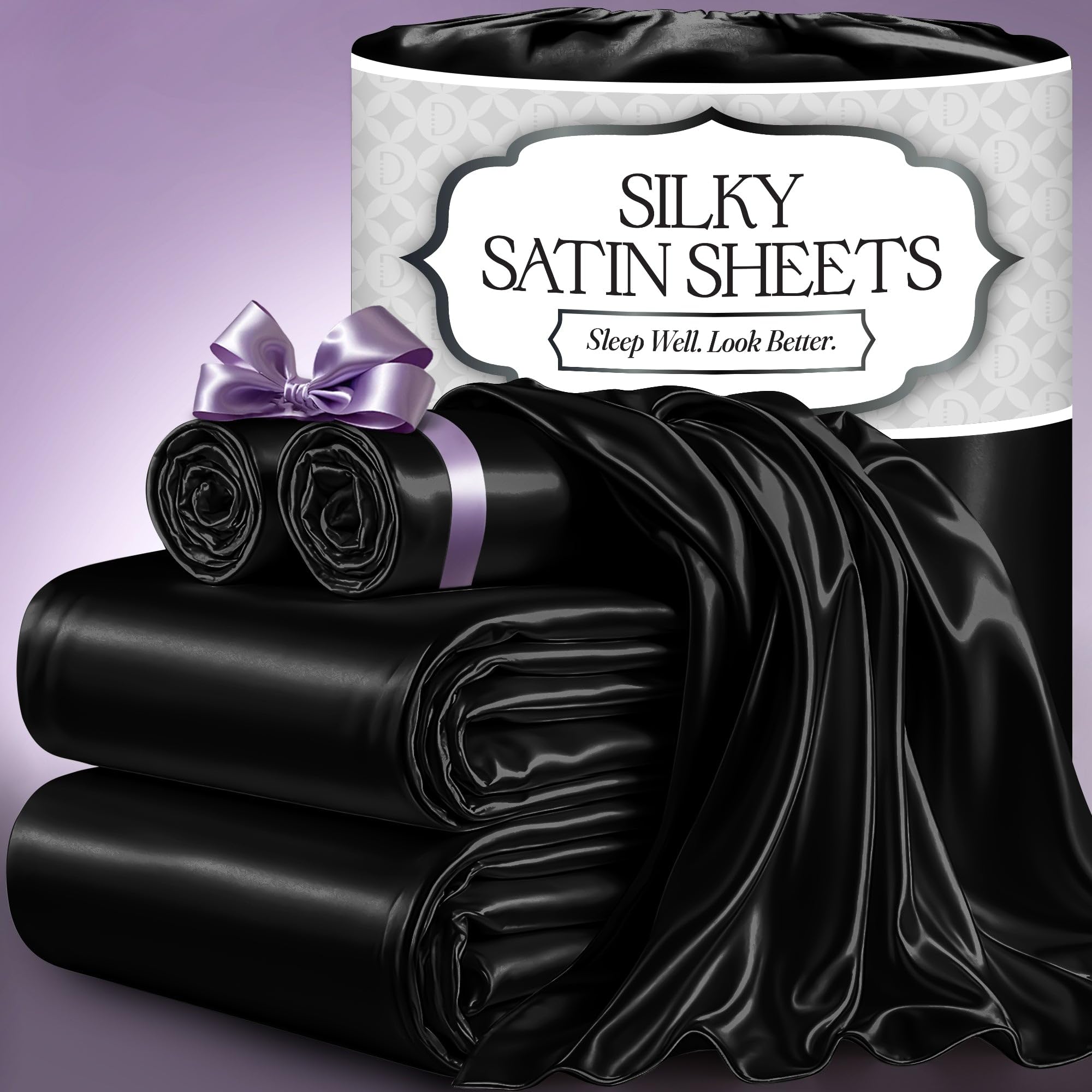 DECOLURE Satin Bed Sheets - 4 Piece Luxury Silky King Size Bedding Set - Softer Than Silk, Wrinkle-Free with 15” Deep Pocket Fitted Sheet, Perfect for Hair & Skin, Gifts for Women (Black)