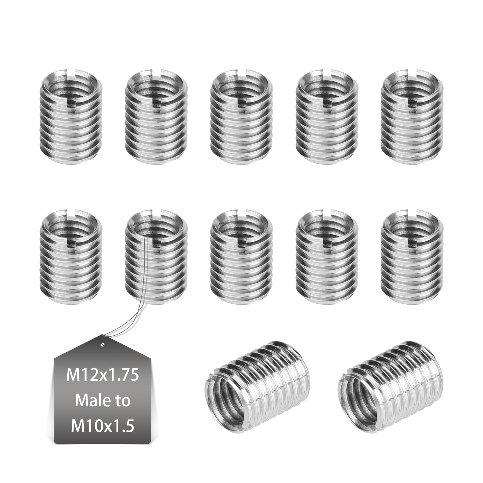 EXLECO 12 x Thread Insert M12 to M10 15 mm Screw Nut with Cutting Slot Threaded Sleeve Threaded Bushing Stainless Steel Thread Repair Kit Female M10 x 1.5 mm Male M12 x 1.75 mm for Wooden Furniture