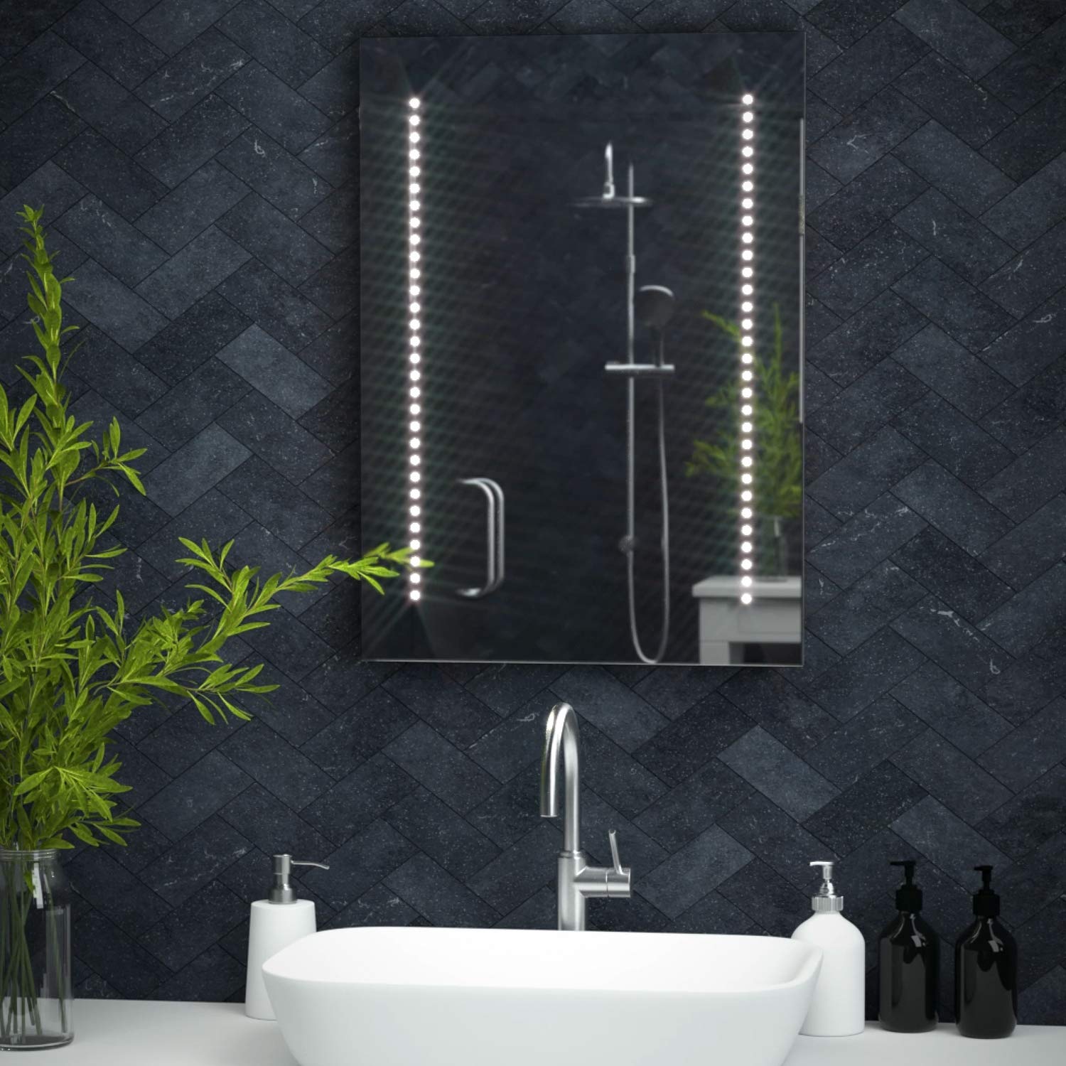 Pebble Grey Illuminated Bathroom Mirror with LED Lights 500x700mm IP44 Rated - Tannon Heated Bathroom Mirror with Lights, Demister Pads and Light Sensor, Rotatable Illuminated Wall-Mounted Mirrors