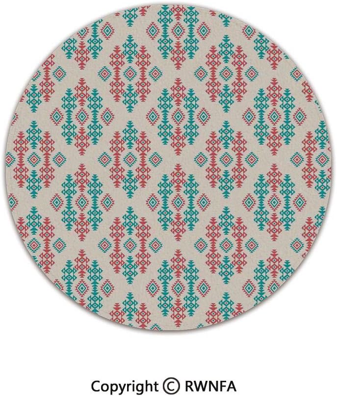 Quality Well Woven Barclay Round Area Rugs,Ancient Ethnic Traditional Local Aztec Tribal Design Elements Decorative 2' Diameter Coral Turquoise White,for Kids Room Bedroom Kitchen
