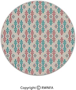 Quality Well Woven Barclay Round Area Rugs,Ancient Ethnic Traditional Local Aztec Tribal Design Elements Decorative 2' Diameter Coral Turquoise White,for Kids Room Bedroom Kitchen