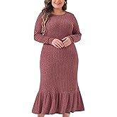Agnes Orinda Plus Size Dress for Women Ribbed Knit Long Sleeve Crew Neck Ruffled Hem Midi Dresses
