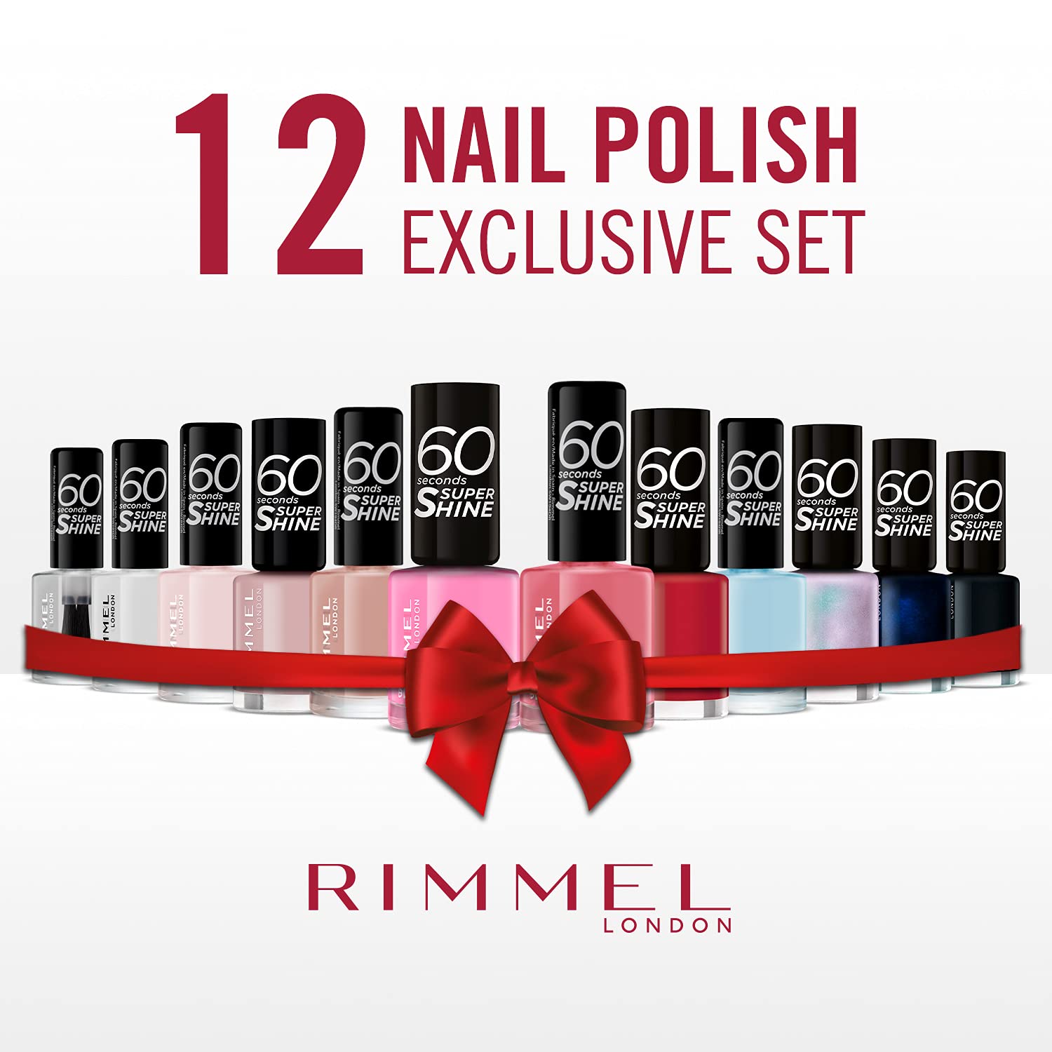 RIMMEL LONDON - 60 Seconds Super Shine Nail Polish Set - Super Glossy, Ultra Shiny Finish - Precise One Stroke Application - Up To 10 Days Wear - High Impact Colour - 12 Assorted Shades