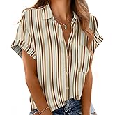 Mintreus Button Down Short Sleeve Shirts for Women V Neck Loose Roll Up Collared Shirt Casual Summer Tops with Pockets