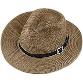 Men's Floppy Packable Straw Hat Beach Cap Newsboy Fedora Sun Hat, Big Brim, Adjustable Chin Strap