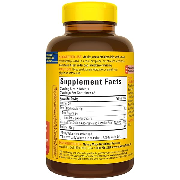 NATURE MADE EXTRA STRENGTH DOSAGE CHEWABLE VITAMIN C 1000 MG PER SERVING, DIETARY SUPPLEMENT FOR IMMUNE SUPPORT, 90 TABLETS, 45 DAY SUPPLY
