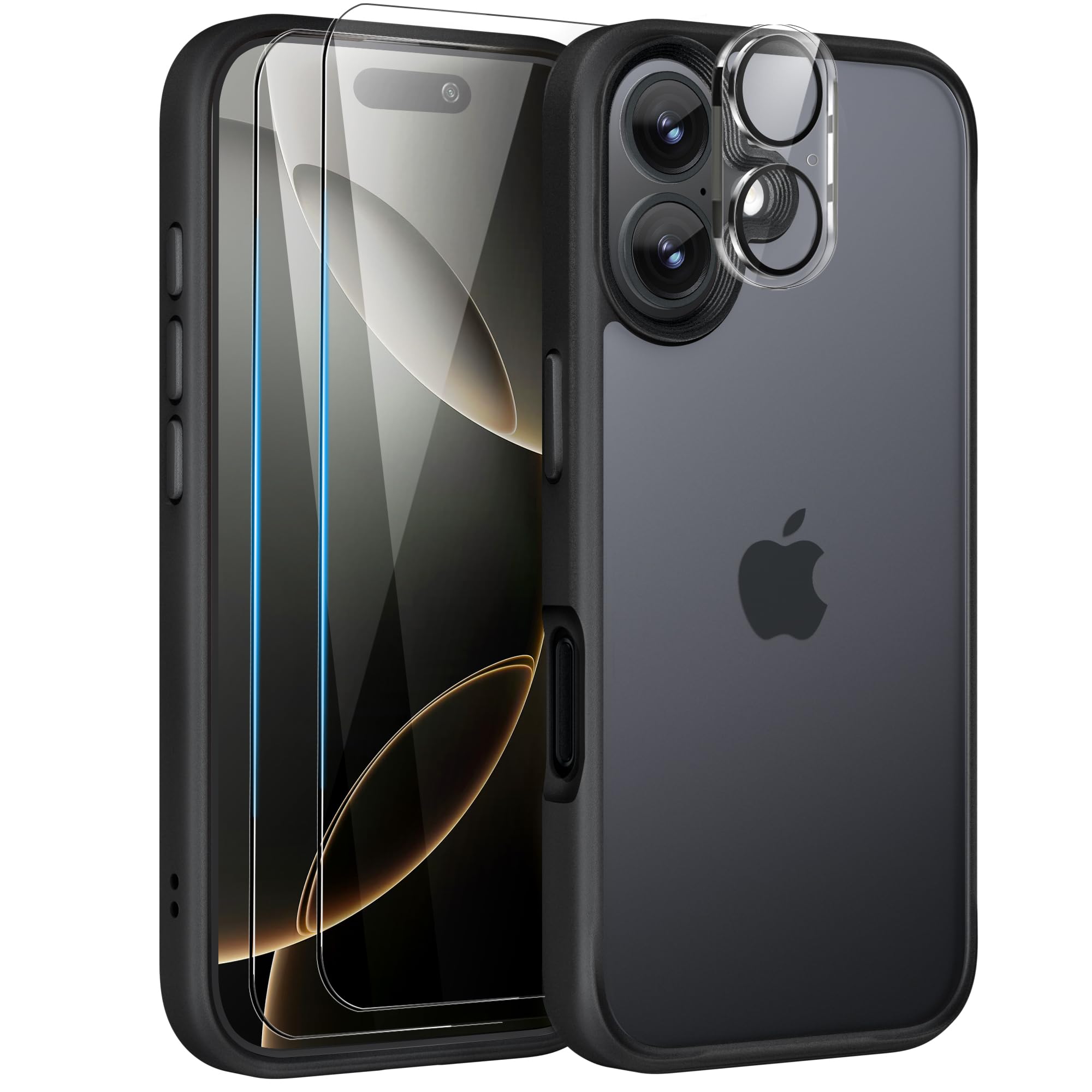 Mootobo for iPhone 16 Case, 4 in 1 Phone Case with 2 Screen Protectors + 1 Lens Protector, 10FT Military Grade Drop Protection with Anti-Fingerprint Matte Back 6.1 inch - Black