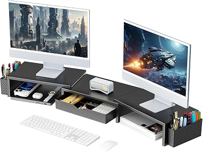 Support double pour moniteur, Accessoires de bureau en métal avec tiroir et 2 porte-stylos, Longueur et angle réglables - Support pour écran d’ordinateur, imprimante (Noir)
