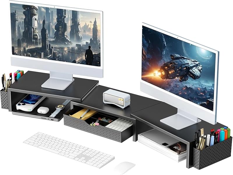 Support double pour moniteur, Accessoires de bureau en métal avec tiroir et 2 porte-stylos, Longueur et angle réglables - Support pour écran d’ordinateur, imprimante (Noir)