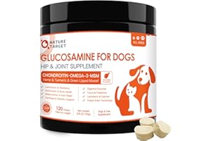 NATURE TARGET Glucosamine Joint Supplement for Dogs, Chondroitin, Omega-3, MSM, Hemp, Turmeric for Pain Relief, Dog Joint Supplement with Calcium for Bone Health, 120 Chicken Flavored Crunchy Chews