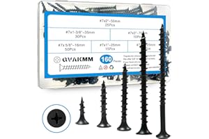 GVAKMM Drywall Screws Assortment Kit,#7 Black Wood Screws Set,160pcs，5 Sizes(3'',2'',1-3/8'',1'',5/8''),Coarse Thread Phillips Drive Bugle Head Sharp Point,Ideal for Wood,Sheetrock and More