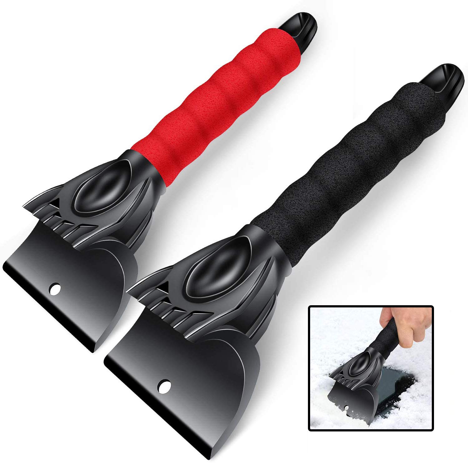 Ice Scraper for Cars and Pick Up Trucks, Window Scraper Snow Brush for Car, Car Windscreen Scraper, Snow Shovel Tool Wiper, Scrape Frost and Ice From Windscreens Side Windows, 2 Pack, Black and Red