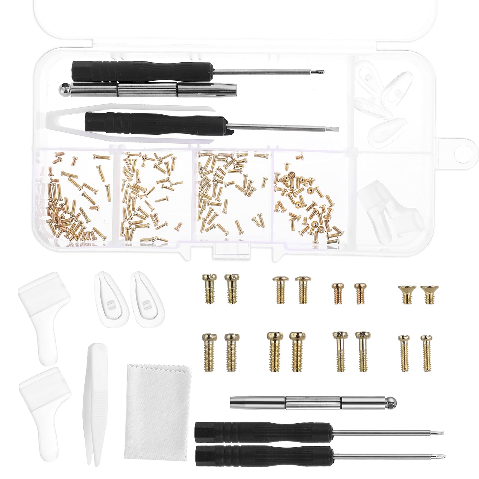 Eyeglass Repair Tool Kit, Gold Glasses Repair Kit Precision Glasses Screwdriver Set with Screws Nose Pads Eyeglass Ear Grips Tweezer for Eyeglasses Sunglasses Presbyopes Watch Repair