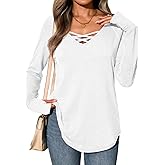 Tankaneo Womens Long Sleeve V Neck Shirts Loose Fit Casual Tunic Tops Curved Hem Criss Cross with Thumb Hole T Shirt