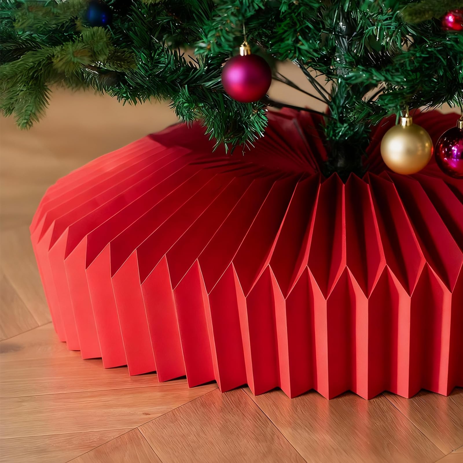 Photo 1 of 26in Christmas Tree Collar, Honeycomb Folded Paper Basket Skirt Collars, Christmas Tree Ring Base Stand Cover for Holiday Home Decoration(Red)