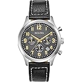 Bulova Men's Classic Stainless Steel 6-Hand Chronograph Quartz Leather Strap Watch with Grey Dial, Gold Accents, Arabic Markers, 41mm