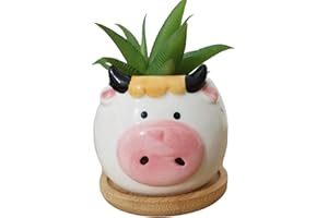 CUTEFORYOU Succulent Pots,Cute Cartoon Animal Cow Shaped Ceramic Indoor Succulent Cactus Flower Plant Pots Air Plant Holder with Bamboo Tray -Plants Not in Included (2.75 inch)