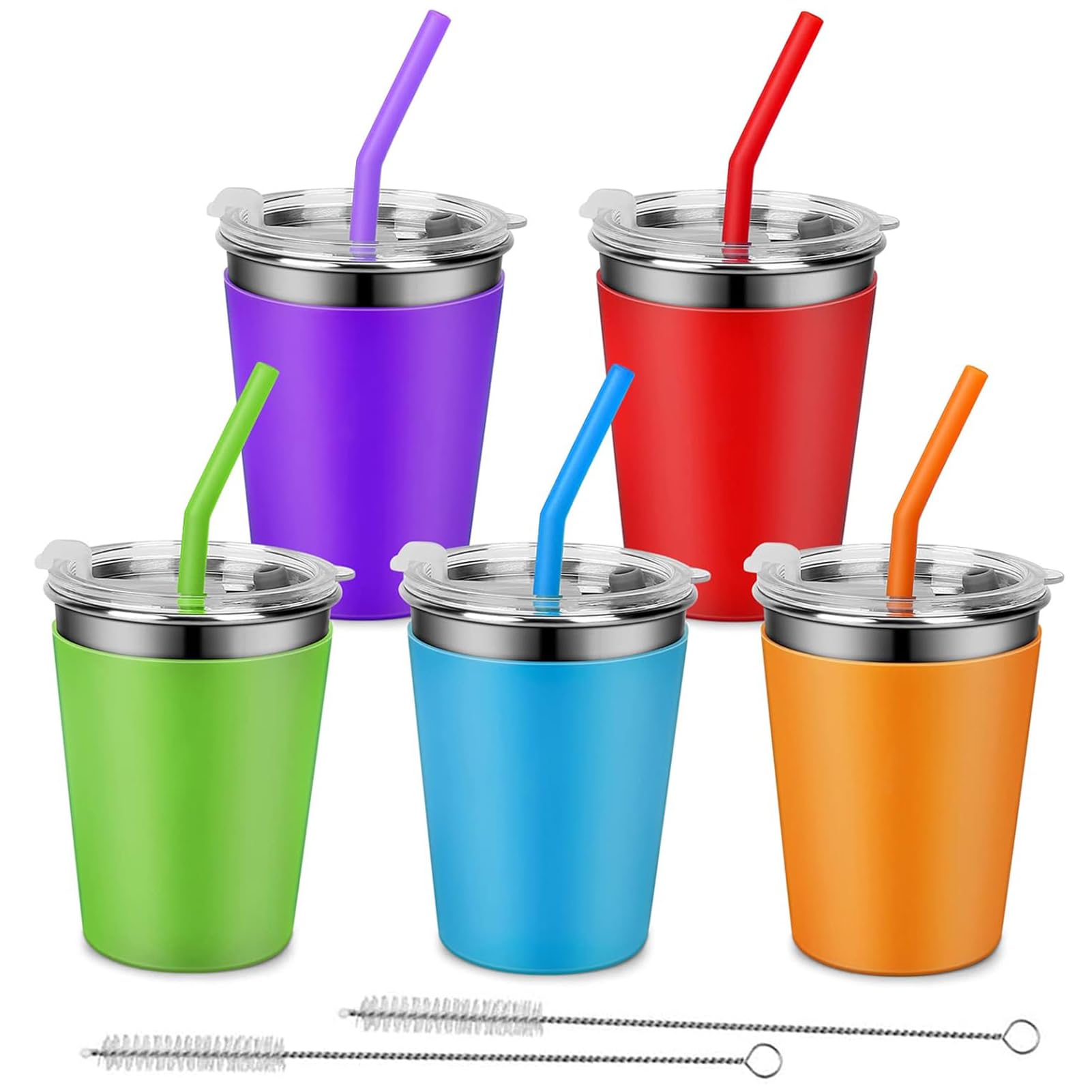 Hikrxya 5 Pack Stainless Steel Cups with Lids and Straws, 12oz Unbreakable Iced Coffee Cup, Kids Tumbler with Straw and Lid, Reusable Drinking Cup Travel Mug with Silicone Sleeves for Adults Kids