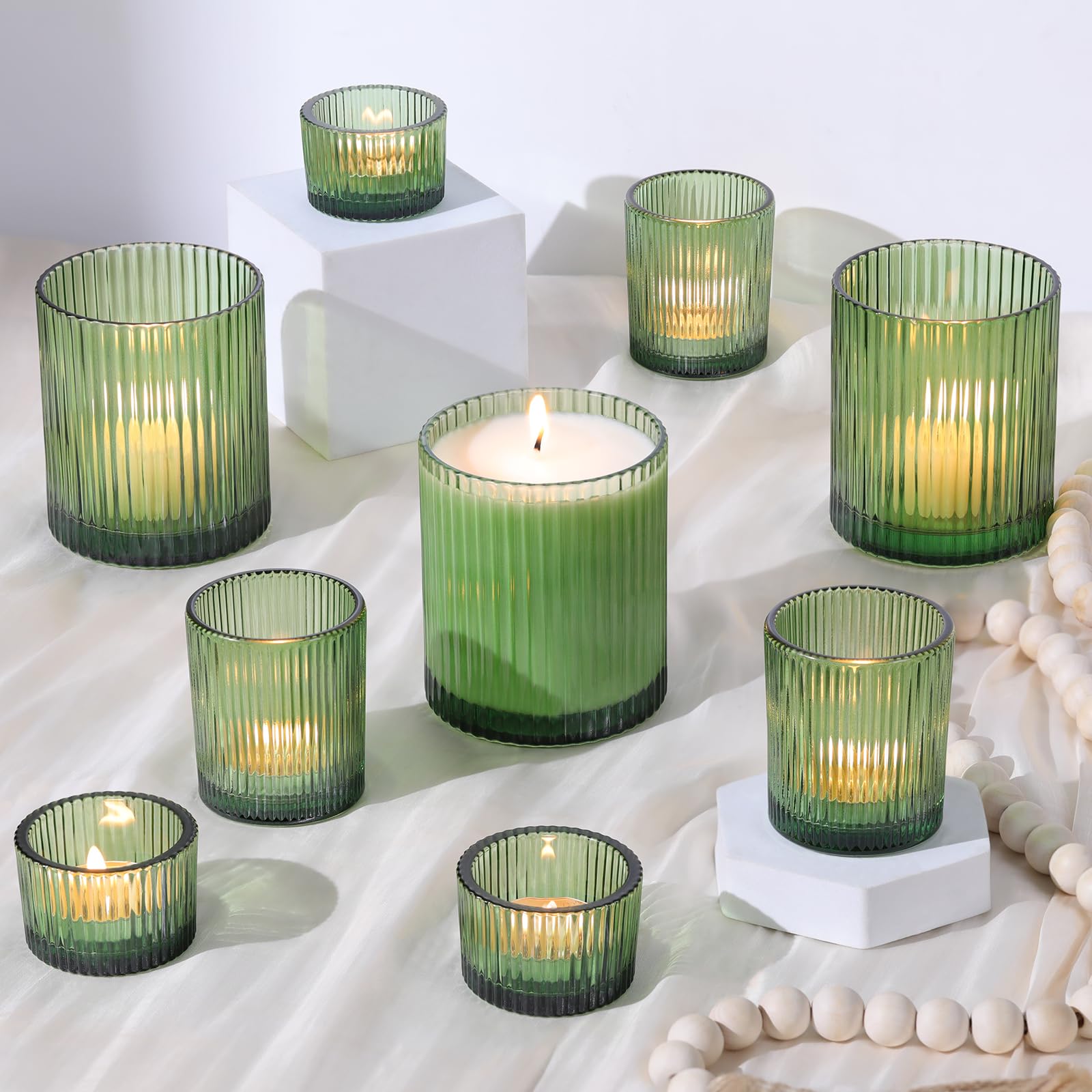 Mini Ribbed Tea Lights MATAHUM 9Pcs Assorted Green Votive Candle Holders Ribbed Tea Light ...